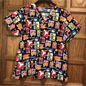 Scrub Wear Halloween Trick or Treat Top Womens L Cotton V-Neck SS 2 Pocket Scrub